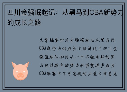 四川金强崛起记：从黑马到CBA新势力的成长之路