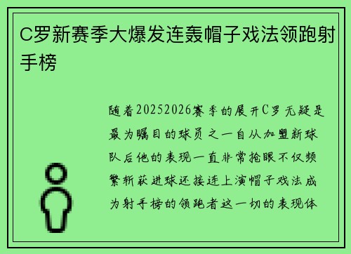 C罗新赛季大爆发连轰帽子戏法领跑射手榜